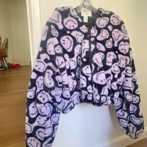 H&M x SMILEY Purple and Black Patterned Puffer Jacket